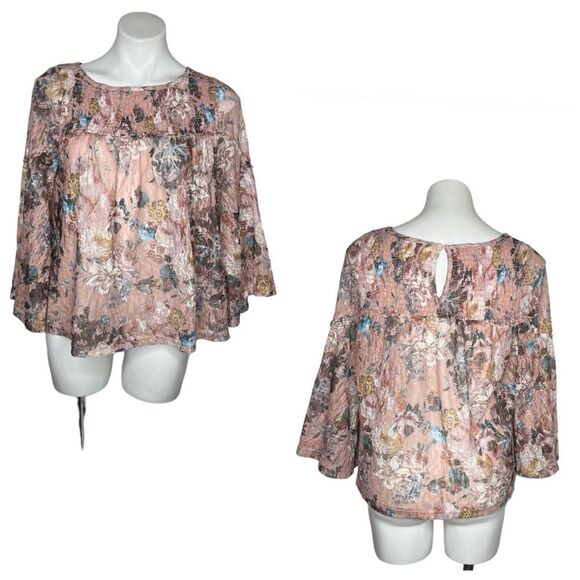 AKEMI + KIN Anthropologie Patrizia Top Smocked Lace Bell Sleeves Floral Size XS - Picture 9 of 9